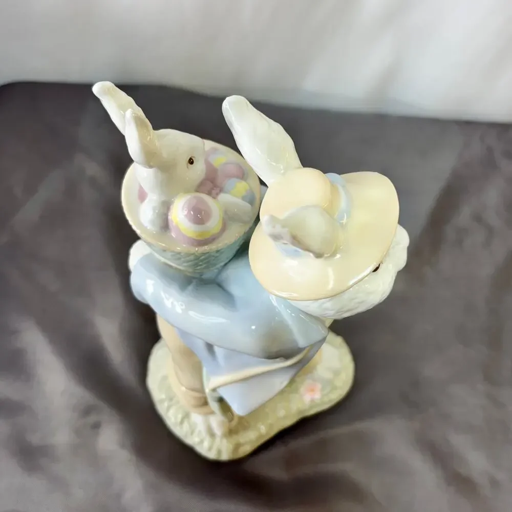 Easter Rabbit Baby Bunny Basket Ceramic Figurine Decor Glossy Pastel 10.75